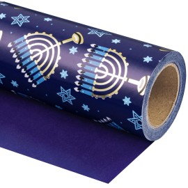 WRAPAHOLIC 30 Inch Jumbo Reversible Hanukkah Wrapping Paper - 30 Inch x 100 Feet Jumbo Roll Blue Menorah Lights Chanukah Wrapping Paper Perfect for Hanukkah, Chanukah, Holiday
