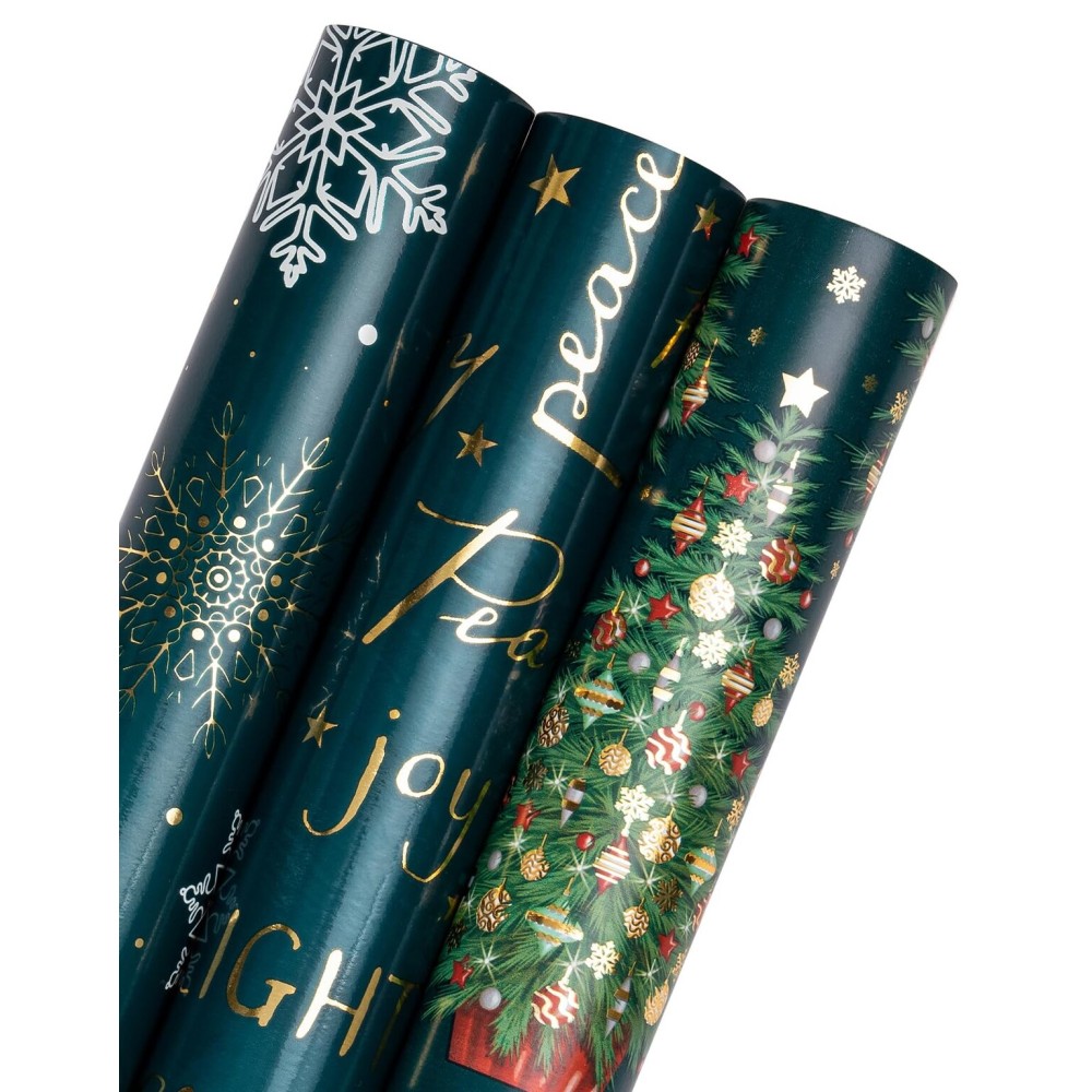 WRAPAHOLIC Christmas Wrapping Paper Roll - Mini Roll - 3 Rolls - 17 Inch x 120 Inch Per Roll - Green Christmas Tree and Snowflake Holiday Design with Metallic Foil Shine