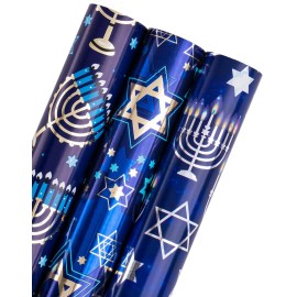 WRAPAHOLIC Hanukkah Wrapping Paper - 3 Rolls, 17 Inch x 120 Inch Each - Blue Menorah and Star of David Design with Metallic Foil Shine