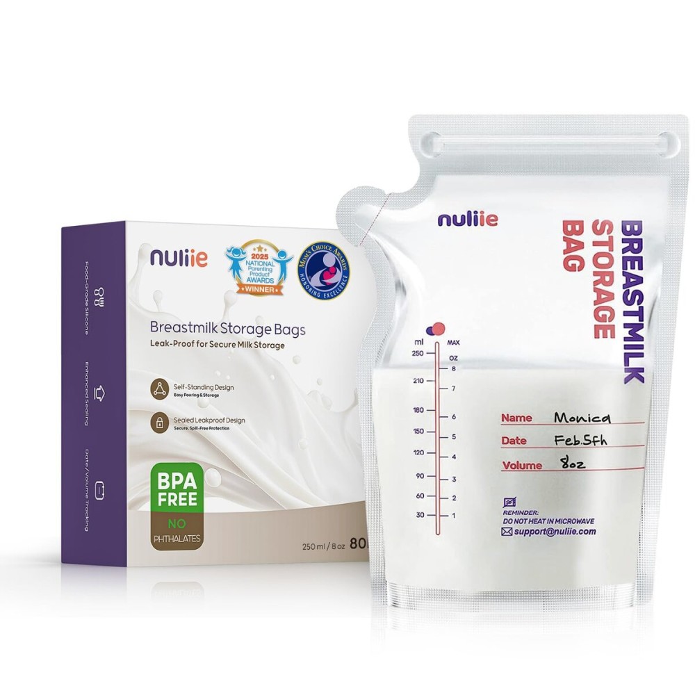 Nuliie 80 Pcs Breastmilk Storage Bags, 8 OZ Breast Milk Storing Bags, BPA Free, Milk Storage Bags with Pour Spout for Breastfeeding, Self-Standing Bag, Space Saving Flat Profile