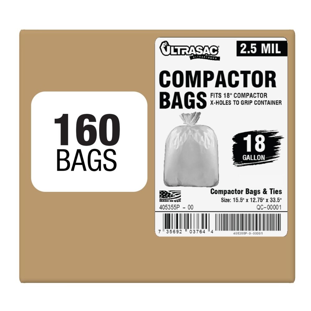 Ultrasac 18 Gallon Compactor Bags (160 Pack with Ties) For 18 Inch Compactors - 28.25 x 33.5 Heavy Duty 2.5 MIL Garbage Disposal Bags Compatible with Whirlpool