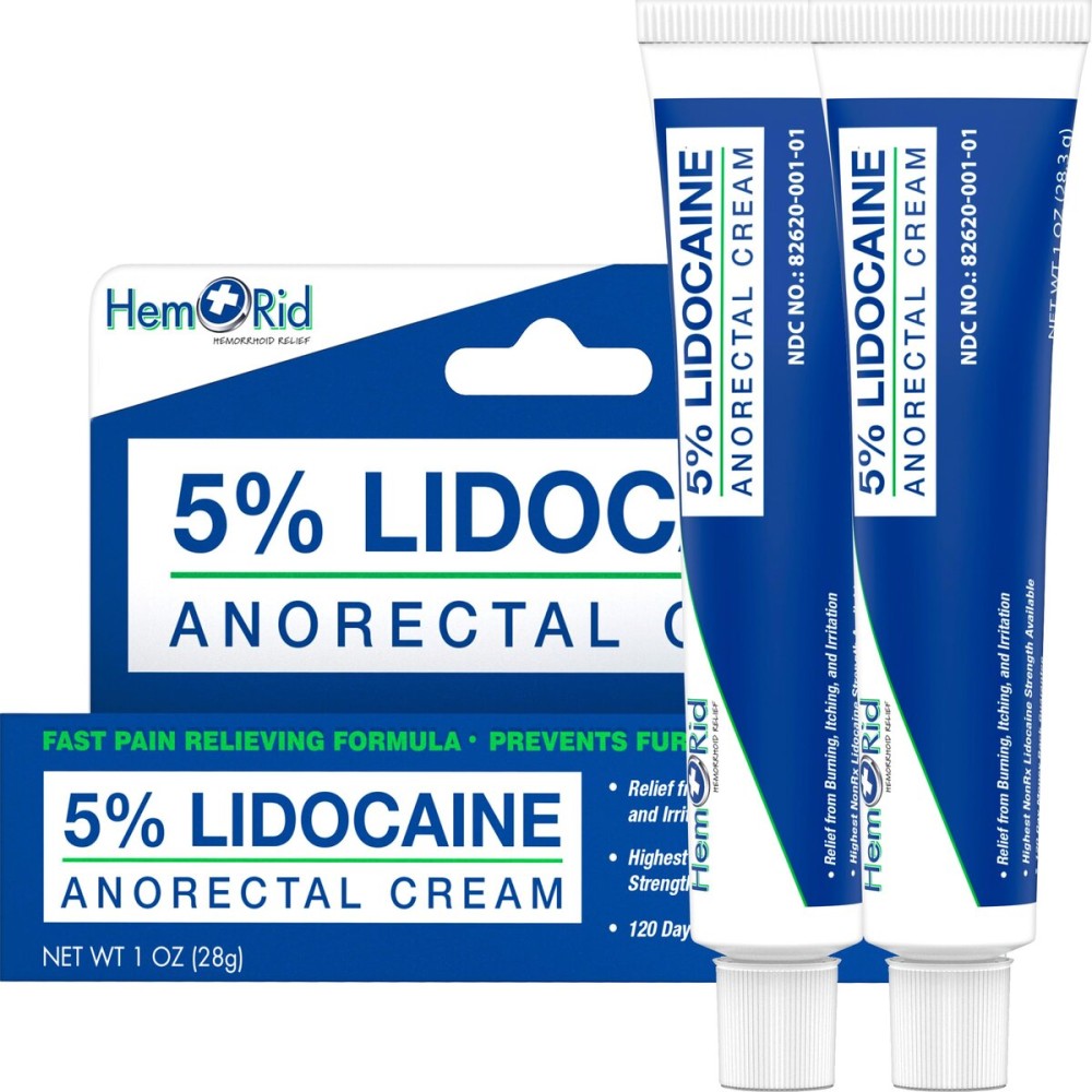 HemRid Maximum Strength Lidocaine Cream for Pain Management. Fast-Acting Hemorrhoid Solution with 5% Lidocaine. Instant Anal Itch and Numbing Effect - 2 Pack