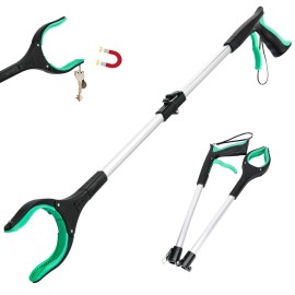 Grabber Reacher Tool,32 Inch Extra Long Foldable Pick Up Stick with Strong Grip Magnetic,360Rotating Anti-Slip Jaw,Trash Claw Grabber Tool,Trash Picker Tool for Outdoor & Indoor (Green)