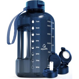 AQUAFIT 64 oz Water Bottle with Time Marker - Straw & Chug Lid - BPA Free Half Gallon Gym Water Bottle with Handle - Big Gallon Jug (Nebula, 64 Ounces)