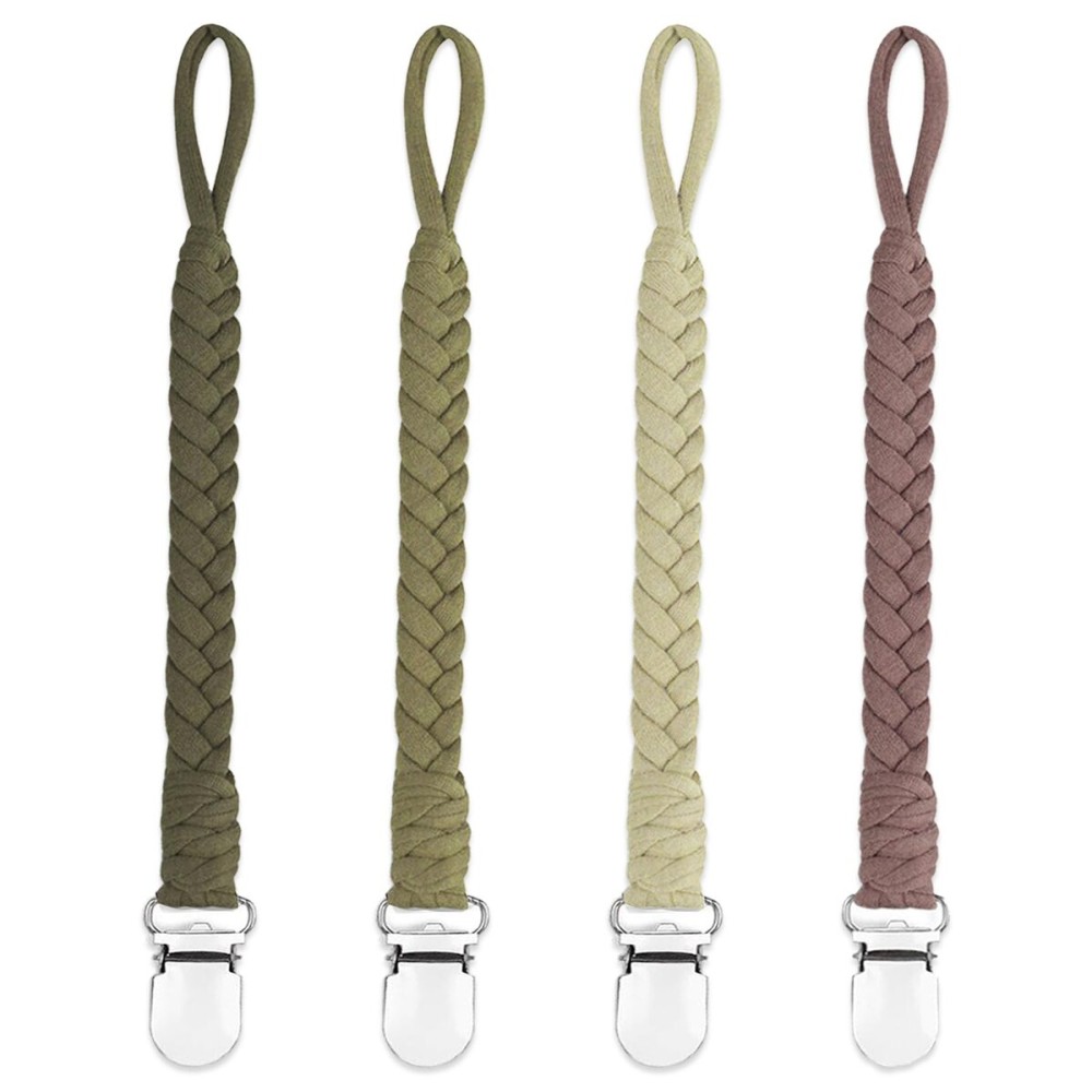 duludulu 4 Pcs Pacifier Clip, Pacifier Clips for Boys & Baby Girls Pacifier Holder Clip Binky Clips Braided 100% Handmade Fits All Pacifiers(Green, 4 Pack)