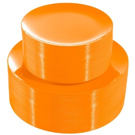 PULOTE 100PCS Orange Plastic Plates - Premium Hard Orange Disposable Include 50 Each(10.25 Inch Dinner & 7.5 Inch Dessert) Plates, Ideal for Party