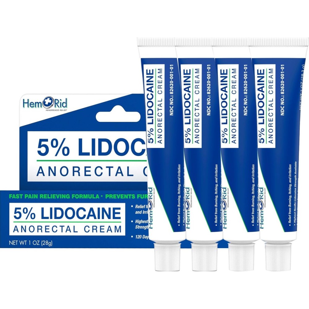HemRid Maximum Strength Lidocaine Cream for Pain Management. Fast-Acting Hemorrhoid Solution with 5% Lidocaine. Instant Anal Itch and Numbing Effect - 4 Pack