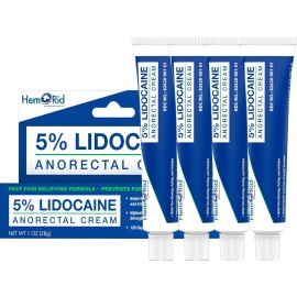 HemRid Maximum Strength Lidocaine Cream for Pain Management. Fast-Acting Hemorrhoid Solution with 5% Lidocaine. Instant Anal Itch and Numbing Effect - 4 Pack