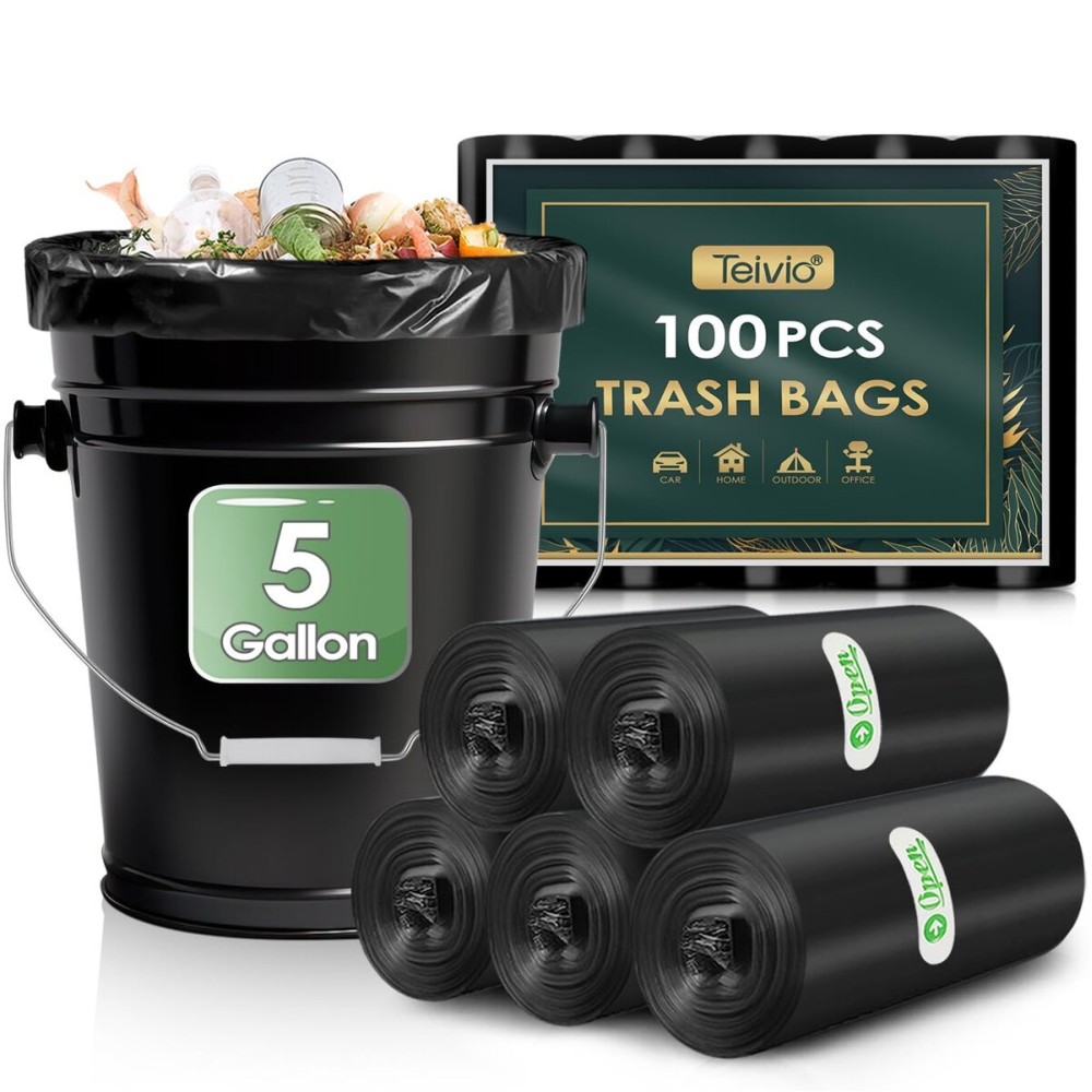 Teivio 5 Gallon 100 Counts Black Trash Bags Garbage Bags, Bathroom Trash Can Bin Liners, Small Plastic Bags for Home Office Kitchen Kitchen, Black