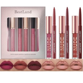 BestLand 6Pcs Matte Liquid Lipstick & Lip Liner Set - Waterproof, Long-Lasting Nude Lip Stain Makeup Kit, Velvety Texture, Gift Set (Vintage Charm Lip Set)