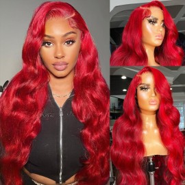 SEMANK Red Lace Front Wig Human Hair Pre Plucked 200% Density Body Wave Lace Frontal Wig 20 Inch