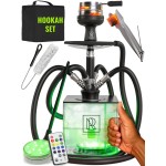 4 Hose Hookah Set with Everything and Handle - Black Hookah 4 Hose Complete Kit with LED Light, Remote, Silicone Hoses, Acrylic Base with Handle, and Tongs - Big Hookah Set with Accessories