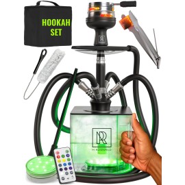 4 Hose Hookah Set with Everything and Handle - Black Hookah 4 Hose Complete Kit with LED Light, Remote, Silicone Hoses, Acrylic Base with Handle, and Tongs - Big Hookah Set with Accessories