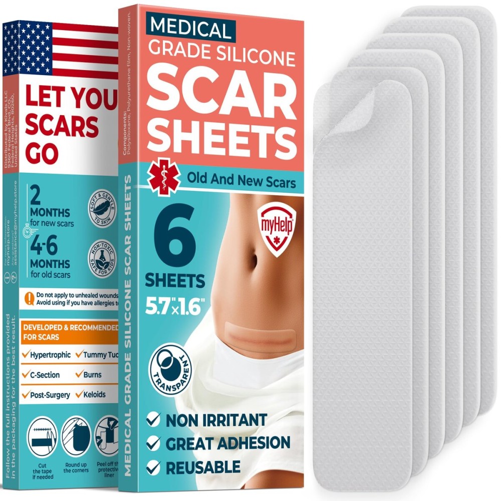 MYHELP Medical Grade Silicone Scar Sheets - Transparent - 6pk (5.7x1.6) - Visible Difference on Surgical & Keloid Scars - Reusable C-Section Scar Silicone Strips - Easy to Use Strips