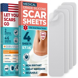 Medical Grade Silicone Scar Sheets - Transparent - 4pk (5.7x1.6) - Visible Difference on Surgical & Keloid Scars - Reusable C-Section Scar Silicone Strips - Easy to Use Silicone Sheets for Scars