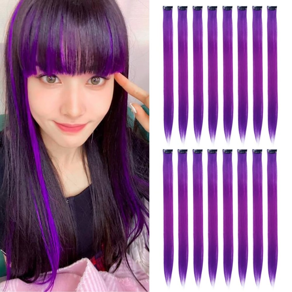 KGBFASS Purple Clip in on Colored Hair Extensions 20inch One Color Clip on Hairpieces Long Straight Halloween Cosplay Christmas Party Highlights Synthetic Colorful Hair for Women Girls 16Pcs