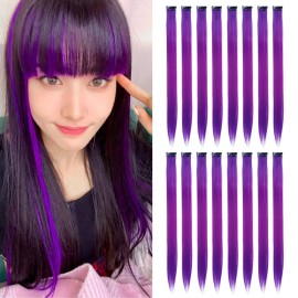 KGBFASS Purple Clip in on Colored Hair Extensions 20inch One Color Clip on Hairpieces Long Straight Halloween Cosplay Christmas Party Highlights Synthetic Colorful Hair for Women Girls 16Pcs