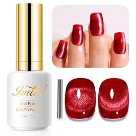 Imtiti Cat Eye Gel Nail Polish, 15ml Blood Red Crystal Glitter Cat Eye Magnetic Gel Nail Polish With Magnet, Holographic Galaxy Sparkly Soak Off UV Led Manicure Nail Salon Kit