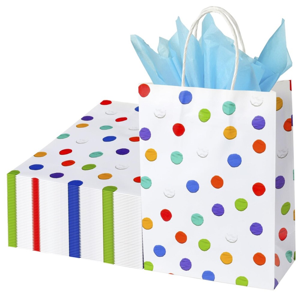 BLEWINDZ 32Pcs Rainbow Small Gift Bags Bulk with 32Pcs Tissue Paper - Colorful Polka Dots Goodie Bags with Handles for Party Favors, Kids Birthday, Baby Shower, Wedding, Shoppings