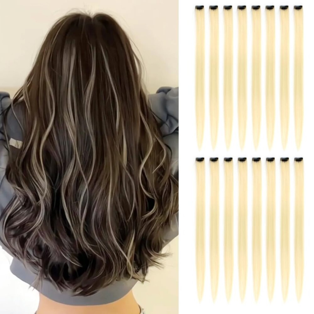 KGBFASS Blonde Hair Extensions One Color Clip in on Hairpieces Synthetic Colored Halloween Christmas Party Highlight 20inch Colorful Hairpieces for Women (613 16Pcs)