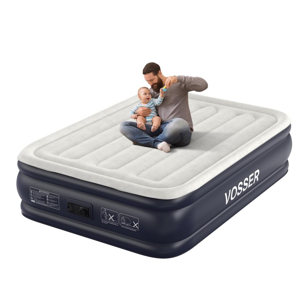 VOSSER Air Mattress Full with Built in Pump,18\'\'Inflatable Mattress of Upgraded Vertical Beams,Self Inflatable/Deflation Blow Up Mattress in 3 Mins,Flocked Top Airbed with Carry Bag for Home, Camping
