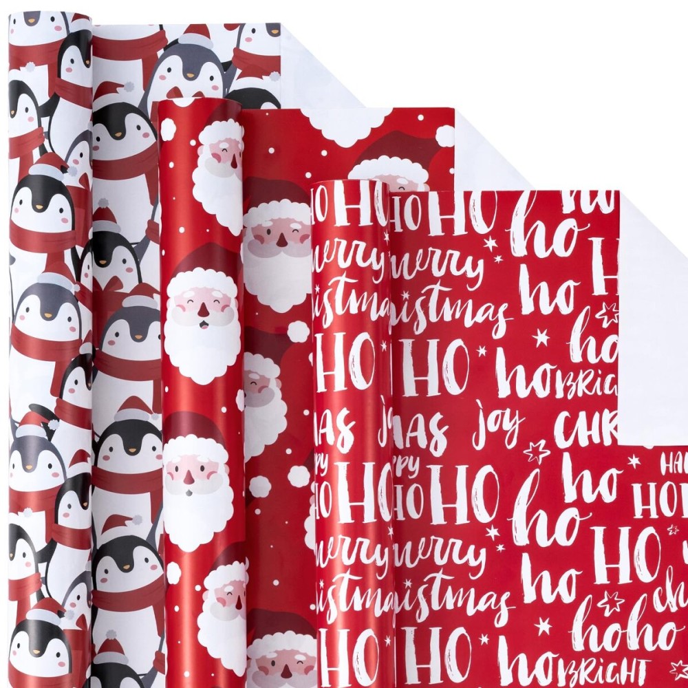 LeZakaa Christmas Wrapping Paper Roll - Mini Roll - 3 Rolls - 17 Inch X 120 Inch Per Roll - Red & White Penguins, Ho, Santa Claus, Christmas Elements Holiday Collection