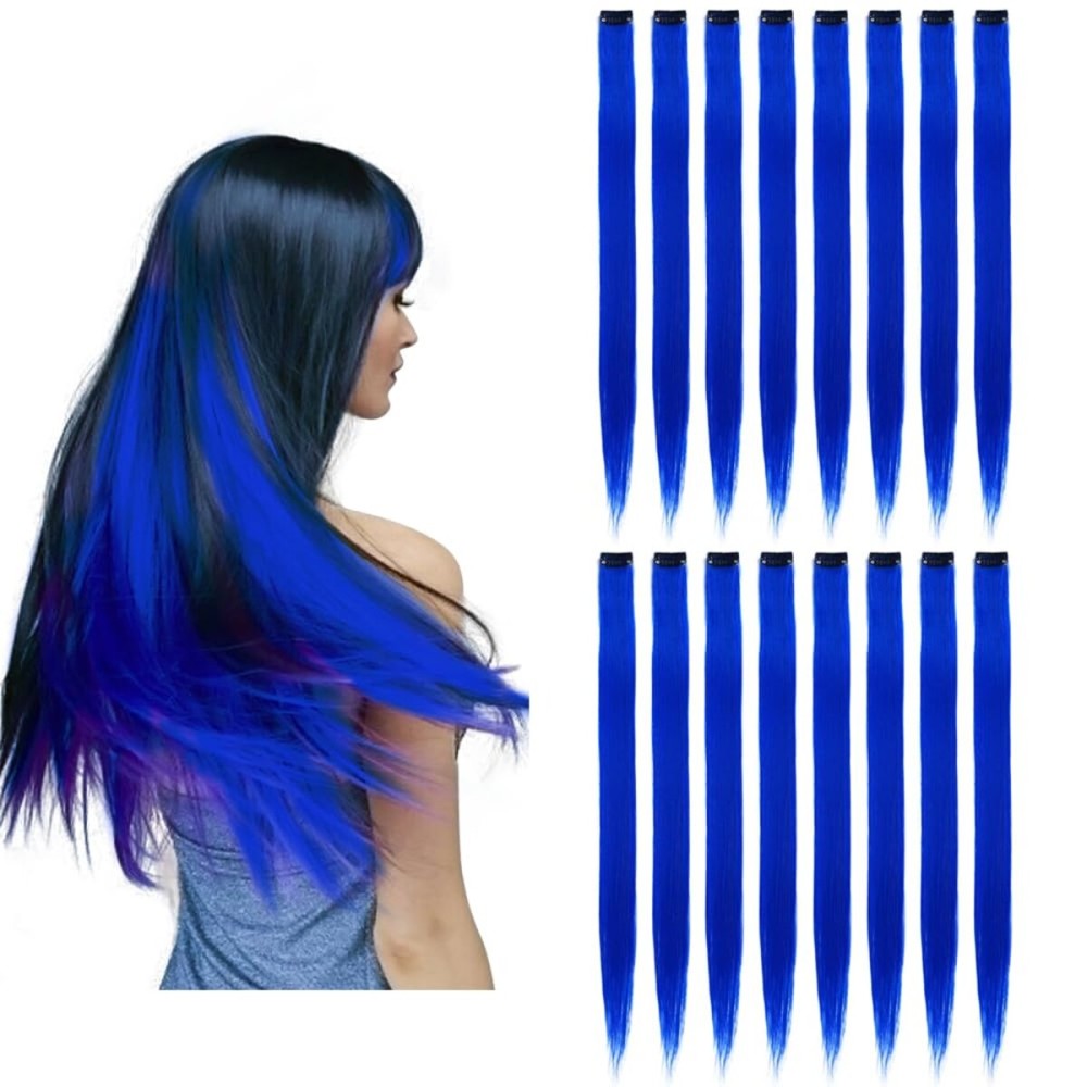 KGBFASS 16Pcs Blue Clip in Colored Hair Extensions 22inch Long Straight Party Highlights Colorful Hair Extension One Color Clip on Hairpieces for Women Girls
