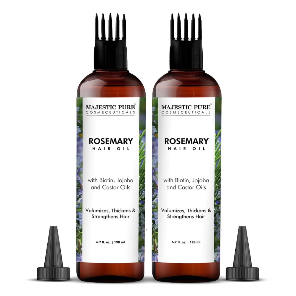 Majestic Pure 100% Pure Rosemary Oil For Hair Growth - Strengthening, Nourishing, Volumizing - Infused with Biotin Oil, Jojoba Oil & Castor Oil - Non GMO Verified - 6.7 Fl Oz (Pack of 2)