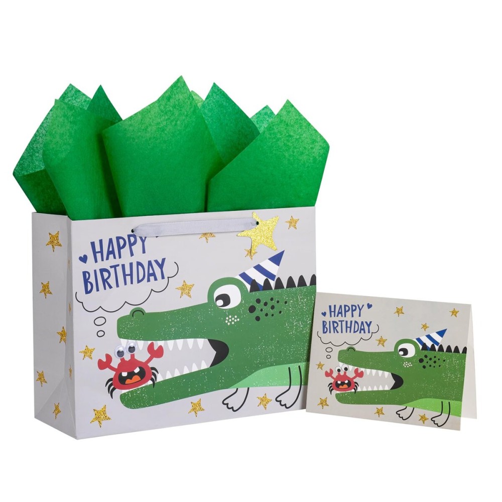 Loveinside Birthday Gift Bag for Kids, Medium Bag with Tissue Paper, Gift Tag and Greeting Card, Birthday Crocodile and Crab Design, 13 x 5 x 10, 1 Pcs