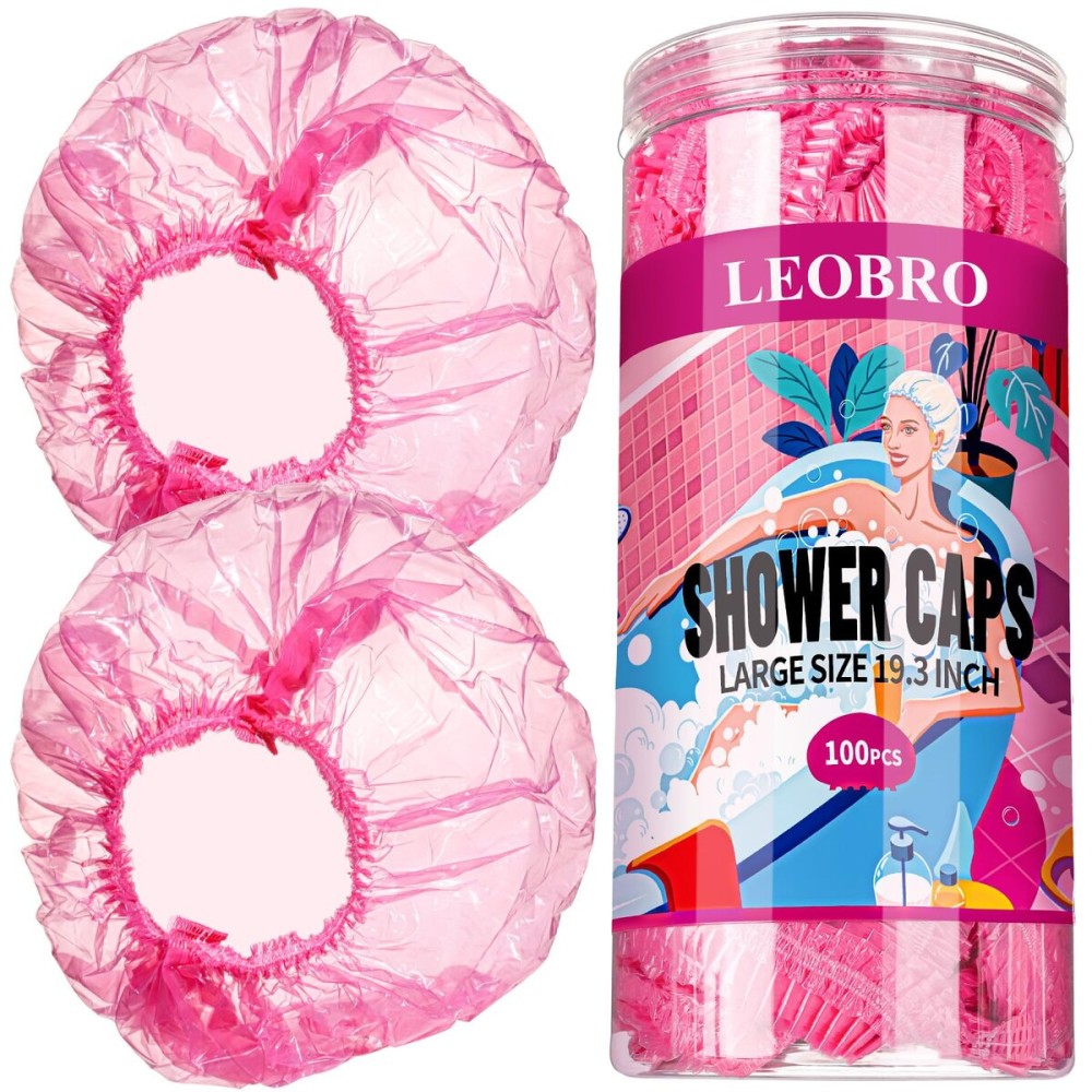 LEOBRO Disposable Shower Caps, 100PCS Large Shower Cap, Plastic Shower Caps for Women Disposable, Thick Plastic Caps for Hair Treatment, Large Size 19.3 INCH, Pink