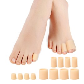 Povihome Toe Sleeves, Toe Protectors, 12 Pack Toe Tube Pads for Hammer Toe,Stubbed Toe,Corns, Calluses Protect (3 Different Sizes, Beige)