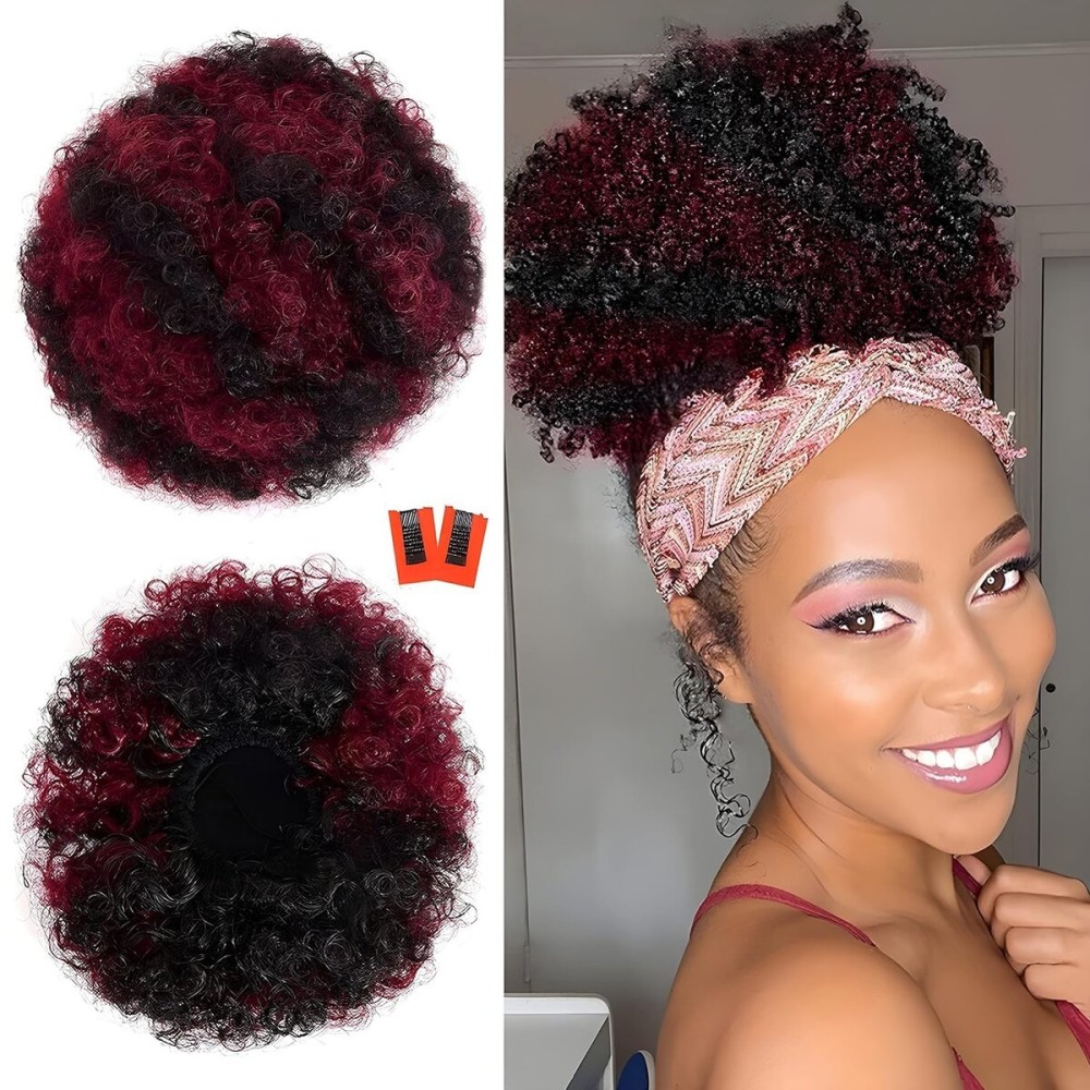 rosmile Afro Puff Drawstring Ponytail Extension for Black Women, Premium Black to Burgundy 80 Gram Short Synthetic Afro Puff Ponytail for Natural Hair, Clip on Kinky Drawstring Curly Ponytail Bun