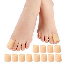 Povihome Toe Sleeves, Toe Protectors, 12 Pack Toe Tube Pads for Hammer Toe,Stubbed Toe,Corns, Calluses Protect (Large Size, Beige)