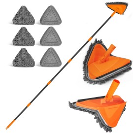 JEHONN Wall Mop with Long Handle 80 inches, Upgraded 180 Collapsible Baseboard Cleaner Tool with Squeegee, Ceiling Duster with 3 Microfiber and 3 Chenille Pads for Cleaning Window, Cabinet (Orange)