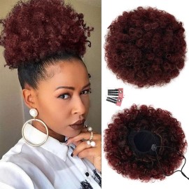 Rosmile Afro Puff Drawstring Ponytail Extension for Black Women - Premium Ombre Red 1T99J 80 Gram Short Synthetic Clip On Kinky Curly Bun for Natural Hair