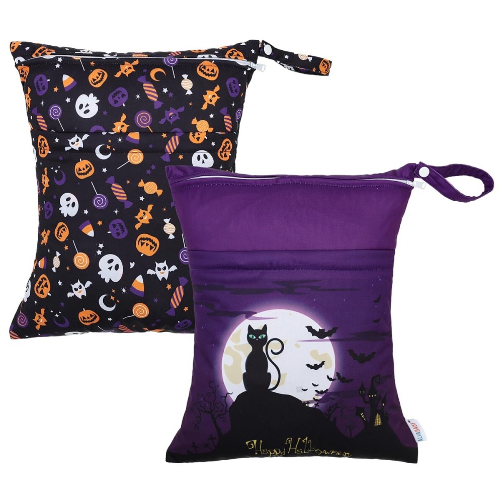 ALVABABY Helloween 2pcs Cloth Diaper Wet Dry Bags Waterproof Reusable with Two Zippered Pockets Travel Beach Pool Daycare Soiled Baby Items Yoga Gym Bag for Swimsuits or Wet Clothes 2LM07