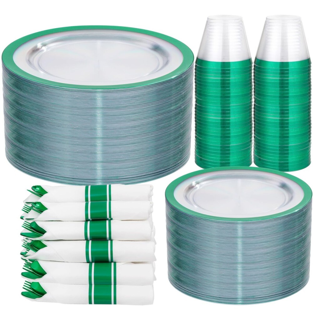 I00000 350 Pcs Green Plastic Plates-Clear Dinnerware Set for Christmas Party,Include 100 Dinner and Dessert Plates,50 Plastic Cups 9 OZ,50 Per Rolled Napkins with Cutlery