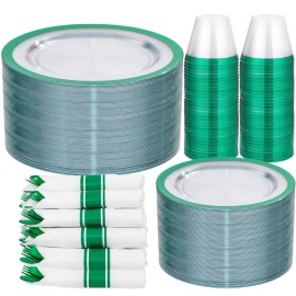 I00000 350 Pcs Green Plastic Plates-Clear Dinnerware Set for Christmas Party,Include 100 Dinner and Dessert Plates,50 Plastic Cups 9 OZ,50 Per Rolled Napkins with Cutlery