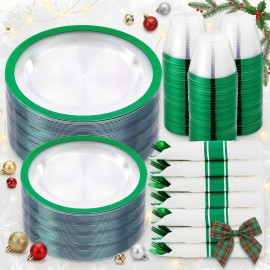 I00000 210 Pcs Green Plastic Plates-St. Patrick\'s Day Green Dinnerware for Party, Include 30 Dinner and 30 Dessert Plates,30 Plastic Cups 9 OZ,30 Per Rolled Napkins with Cutlery for Party