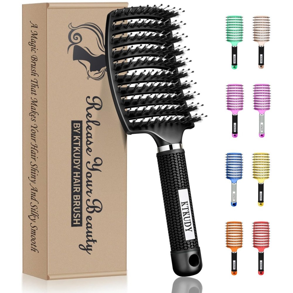 KTKUDY Detangling Brush Boar Bristles Hairbrush Make Hair Shiny & Healthier Curved and Vented Detangler Brush for Women Men Kids Wet & Dry Hair (Black)