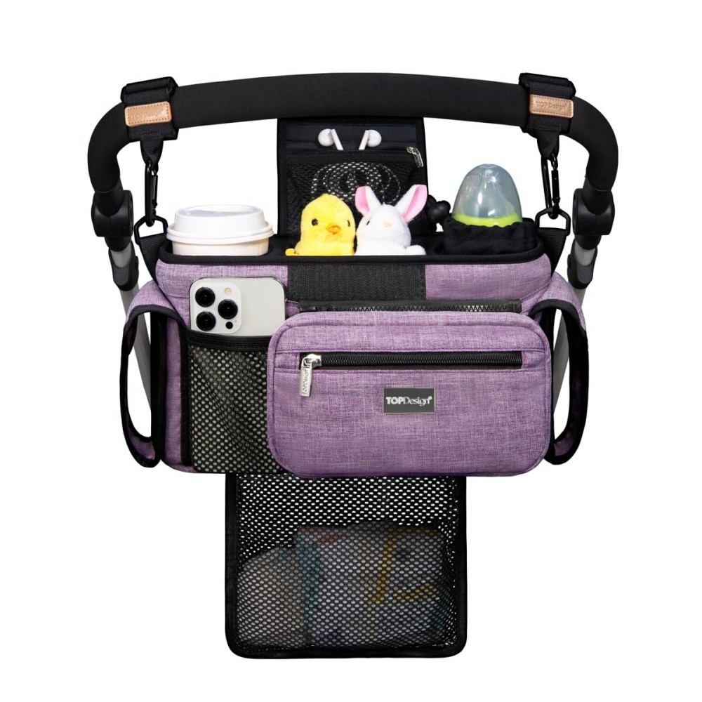 TOPDesign Universal Baby Stroller Organizer, Stroller Caddy with Detachable Mesh Bag & Heightened Insulated Cup Holders & Non-Slip Secure Hooks Accessories, Fits Most Strollers (Purple)