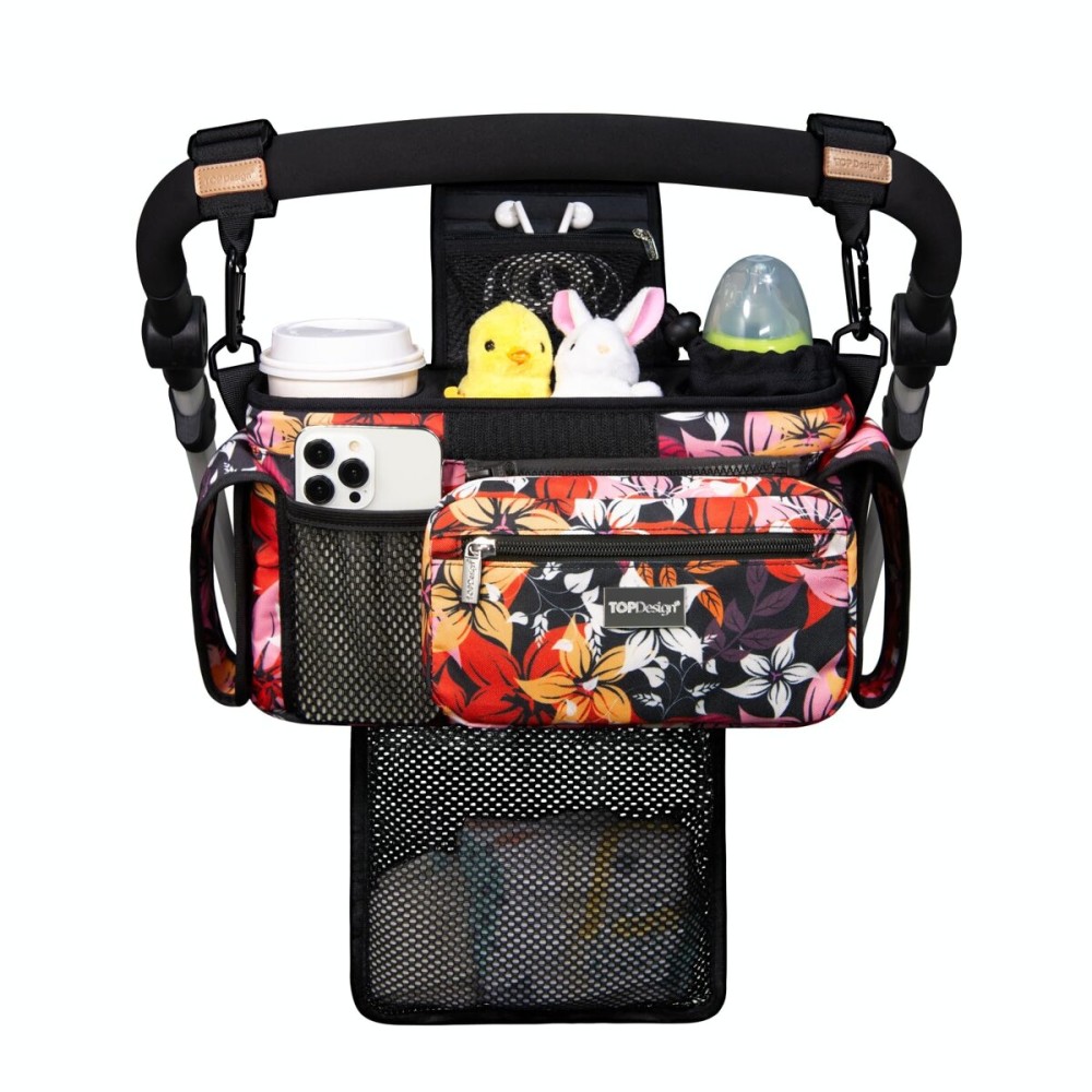 TOPDesign Universal Baby Stroller Organizer, Stroller Caddy with Detachable Mesh Bag & Heightened Insulated Cup Holders & Non-Slip Secure Hooks Accessories, Fits Most Strollers (Five Petal Flower)
