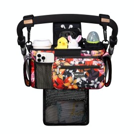 TOPDesign Universal Baby Stroller Organizer, Stroller Caddy with Detachable Mesh Bag & Heightened Insulated Cup Holders & Non-Slip Secure Hooks Accessories, Fits Most Strollers (Five Petal Flower)