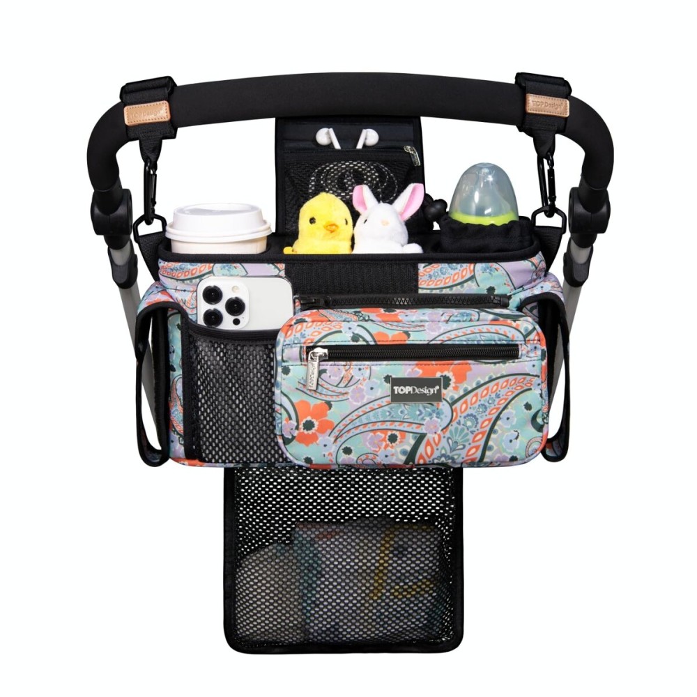TOPDesign Universal Baby Stroller Organizer, Stroller Caddy with Detachable Mesh Bag & Heightened Insulated Cup Holders & Non-Slip Secure Hooks Accessories, Fits Most Strollers (Green Bandanna)