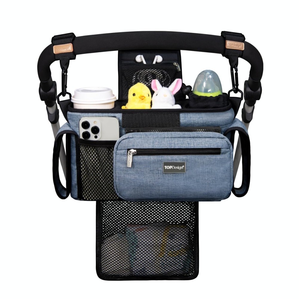 TOPDesign Universal Baby Stroller Organizer, Stroller Caddy with Detachable Mesh Bag & Heightened Insulated Cup Holders & Non-Slip Secure Hooks Accessories, Fits Most Strollers (Blue)