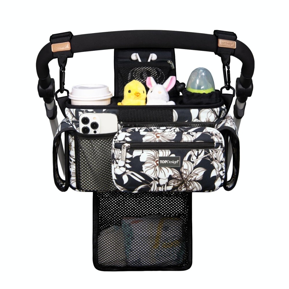 TOPDesign Universal Baby Stroller Organizer, Stroller Caddy with Detachable Mesh Bag & Heightened Insulated Cup Holders & Non-Slip Secure Hooks Accessories, Fits Most Strollers (Morning Glory)