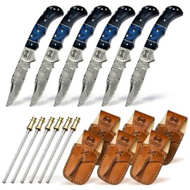 Set of 6 - Personalized Damascus Pocket Knife for Groomsmen -With Leather Sheaths - Custom Engraved Pocket Knives | Groomsman Gifts for Wedding, Groomsmen Proposal Gifts