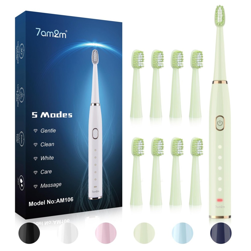 7AM2M Sonic Electric Toothbrush for Adults and Kids- High Power Rechargeable Toothbrushes with 8 Brush Heads,5 Adjustable Modes, Built-in 2-Minute Smart Timer,4 Hours Fast Charge for 30 DaysGreen