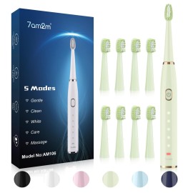 7AM2M Sonic Electric Toothbrush for Adults and Kids- High Power Rechargeable Toothbrushes with 8 Brush Heads,5 Adjustable Modes, Built-in 2-Minute Smart Timer,4 Hours Fast Charge for 30 DaysGreen