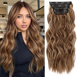 KooKaStyle Clip in Synthetic Hair Extensions Long Wavy 4PCS Honey Blonde Mixed Light Fiber Double Weft Natural Hair Extensions 20 Inch for Women
